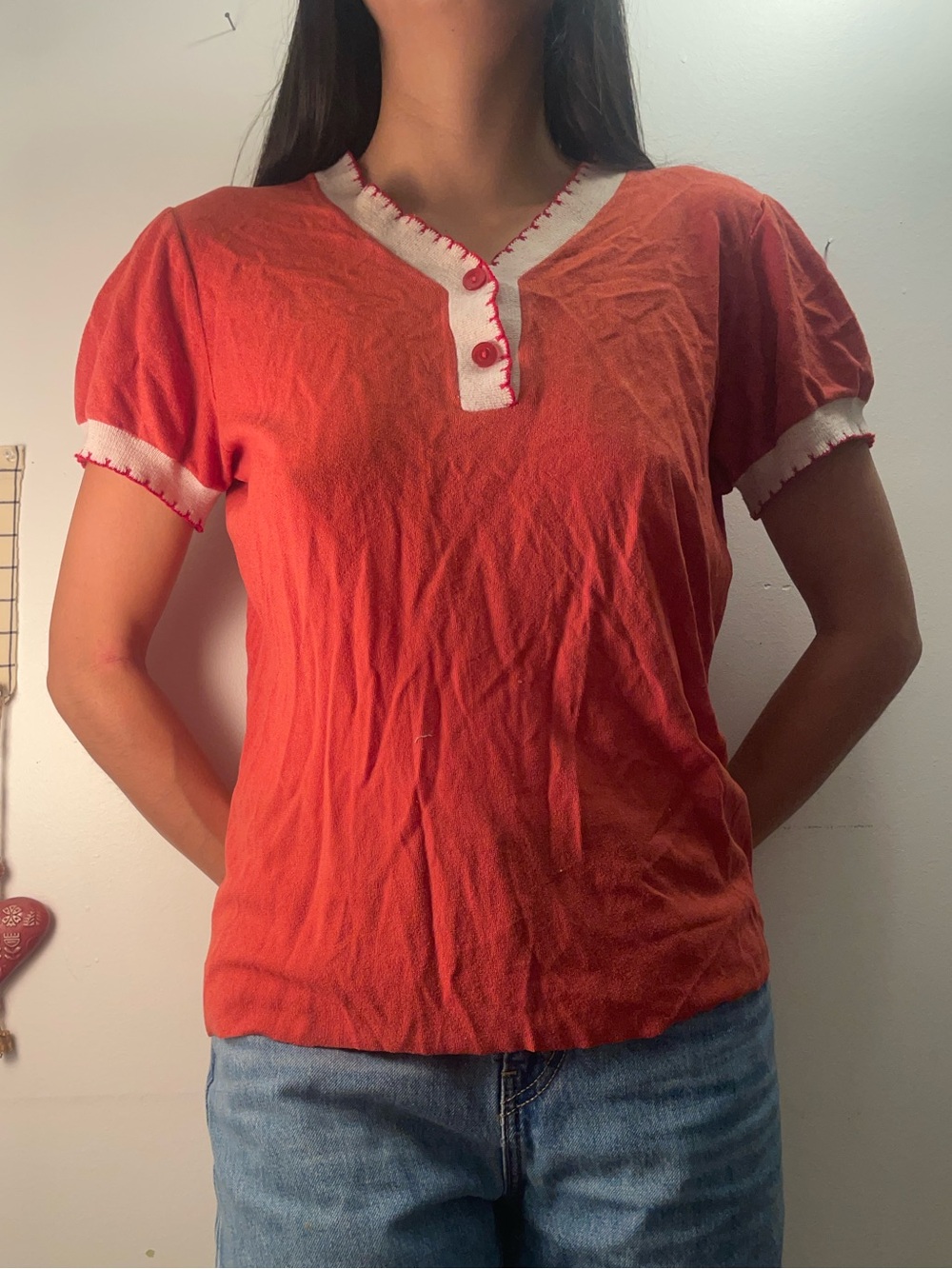 Vintage Short Sleeve Henley Top in Rust with White Trim